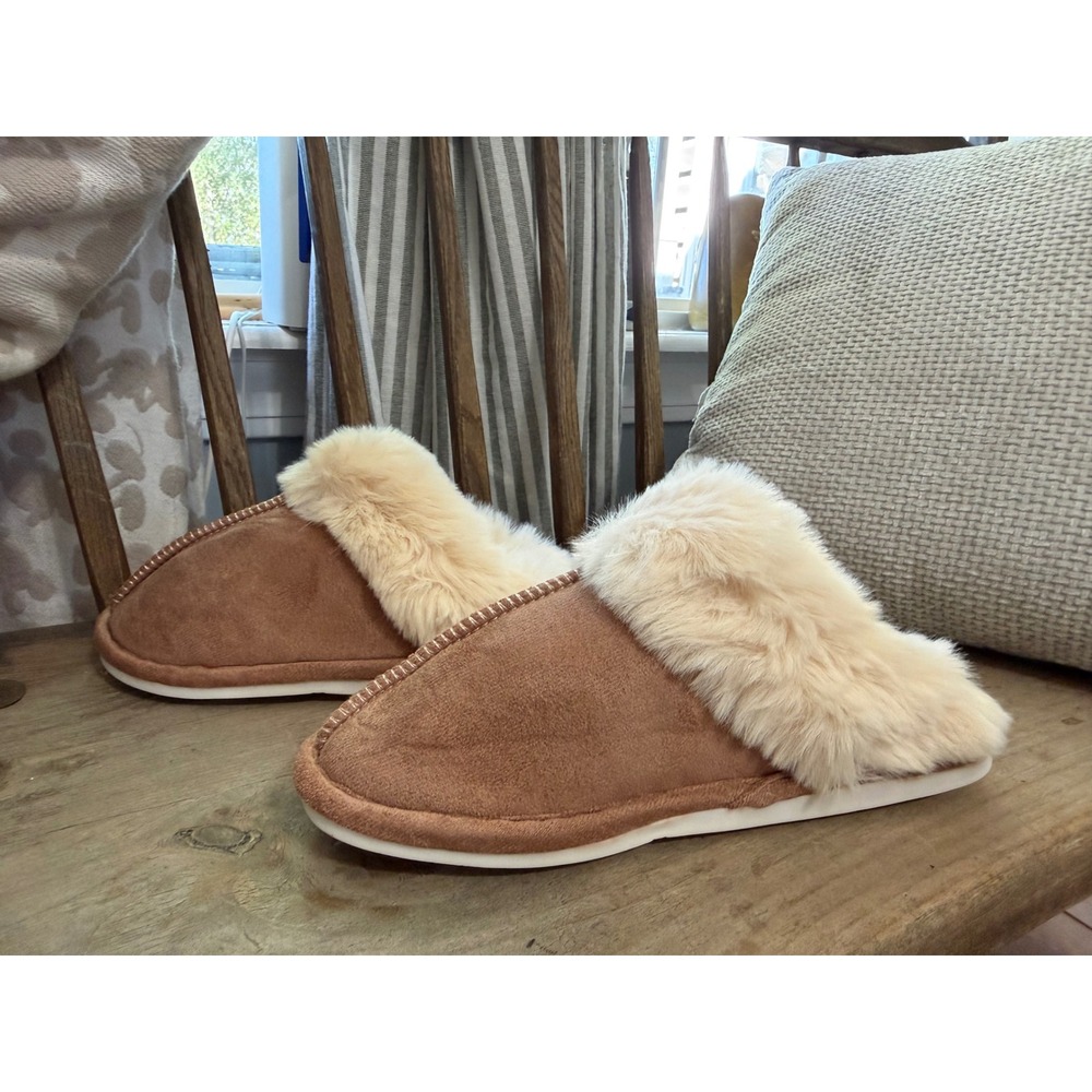 Womens Faux Suede Fur Lined Scuff Slippers Chestnut Brown Size 9-10 L